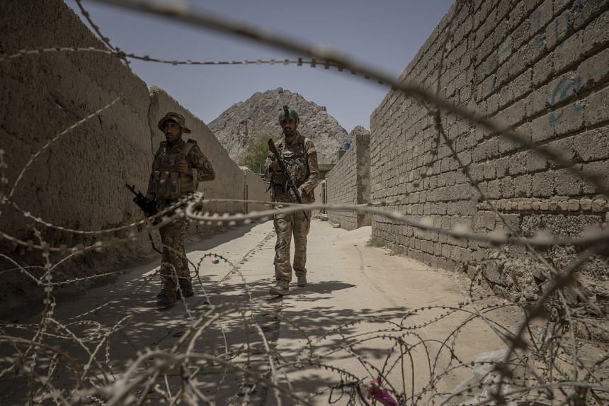 Afghan police special forces soldiers at a frontline position in Kandahar, Afghanisatan, on Aug 3, 2021.