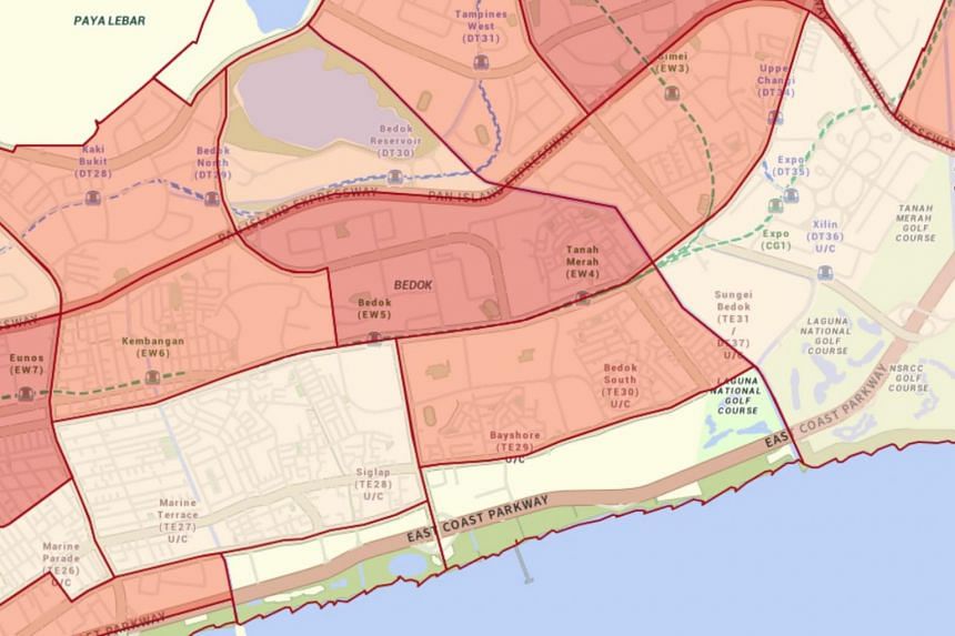 Bedok, as seen on the map. Areas are grouped and shaded according to the number of Covid-19 cases that visited.