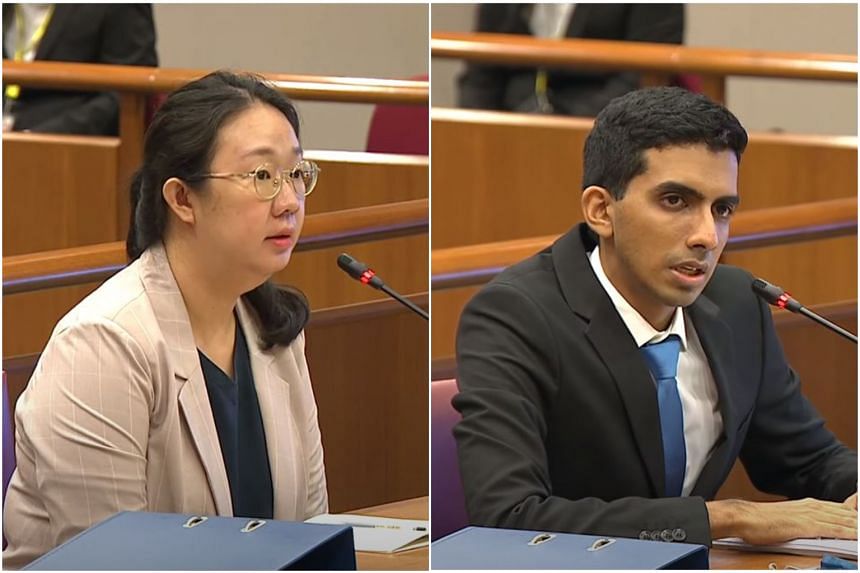 Ms Raeesah Khan's former assistant Loh Pei Ying (left) and WP volunteer Yudhishthra Nathan testifying before Parliament's Committee of Privileges.